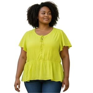 Lane Bryant Lime Green Swiss Dot Peplum Top Size 26 Flutter Sleeve